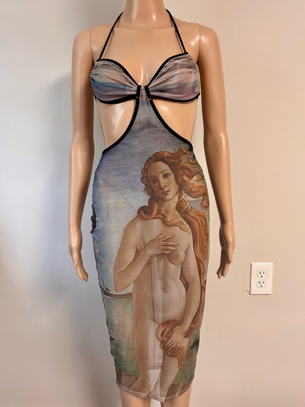 Fashion Nova Sheer Botticelli Print Cutout Midi Dress - Multi/Tan